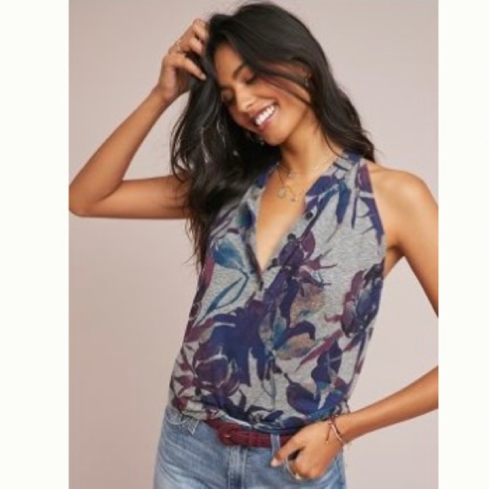 Anthropologie Gray and Blue Floral Tank Top
